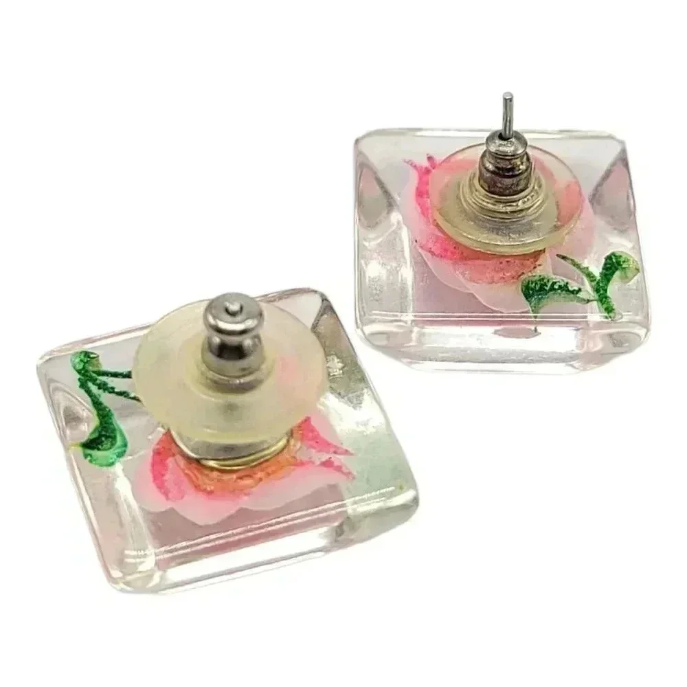 Clear Lucite Square 3D Pink Flower Post Back Earrings Vintage 0.75